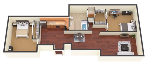 Floor plan for 2 beds, 1 bath, 1057 sqft